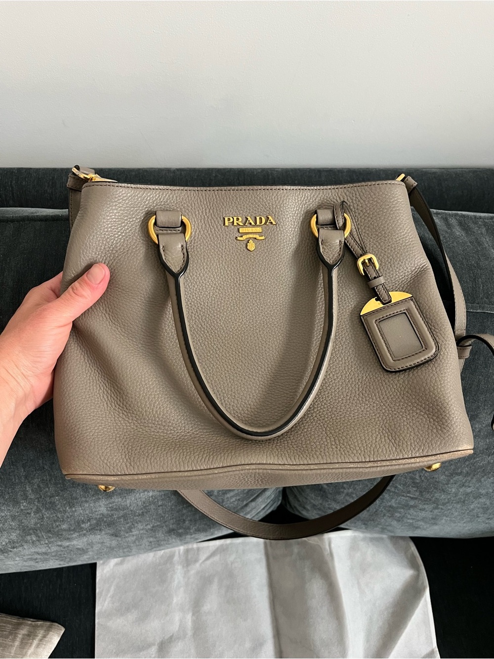 100% AUTH Prada Taupe Pebbled Leather Satchel with Gold Hardware - Picture 2 of 14